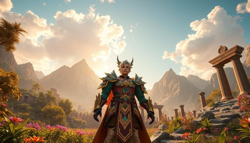 A breathtaking scene depicting the Quest Archon of Natlan in a vibrant landscape inspired by Genshin Impact. In the foreground, the Archon stands tall, adorned in intricate, colorful armor that reflects the rich cultural elements of Natlan, with golden accents and feathered motifs. Their expression is determined, ready to embark on an epic quest. In the middle ground, lush greenery and mystical flora surround ancient ruins, hinting at a storied past. The background features majestic mountains under a clear sky, with soft clouds illuminated by a warm, golden-hour light, creating an enchanting and inviting atmosphere. The angle is slightly low, emphasizing the Archon's stature and the breathtaking scenery, evoking a sense of wonder and adventure. A breathtaking scene depicting the Quest Archon of Natlan in a vibrant landscape inspired by Genshin Impact. In the foreground, the Archon stands tall, adorned in intricate, colorful armor that reflects the rich cultural elements of Natlan, with golden accents and feathered motifs. Their expression is determined, ready to embark on an epic quest. In the middle ground, lush greenery and mystical flora surround ancient ruins, hinting at a storied past. The background features majestic mountains under a clear sky, with soft clouds illuminated by a warm, golden-hour light, creating an enchanting and inviting atmosphere. The angle is slightly low, emphasizing the Archon's stature and the breathtaking scenery, evoking a sense of wonder and adventure.
