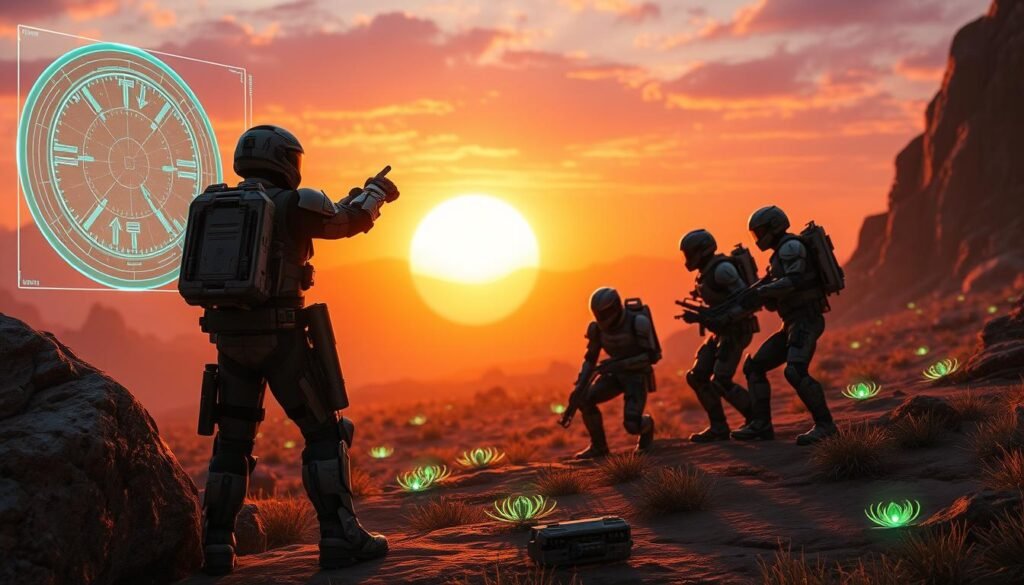 A futuristic team of four armored soldiers taking cover behind a large rock formation on an alien planet, engaged in a tactical meeting to strategize avoiding friendly fire. The foreground features one soldier pointing towards a holographic display of the battlefield, showcasing arrows and symbols indicating safe pathways. In the middle ground, two teammates are crouched, cautiously observing enemy movements in a vibrant sci-fi landscape with glowing flora and rocky outcrops. The background reveals a dramatic sunset illuminating the sky in shades of orange and purple, adding tension to the scene. The lighting is dynamic, emphasizing the soldiers' high-tech gear and the urgency of their mission, while capturing the intense atmosphere of teamwork and caution in a high-stakes environment.