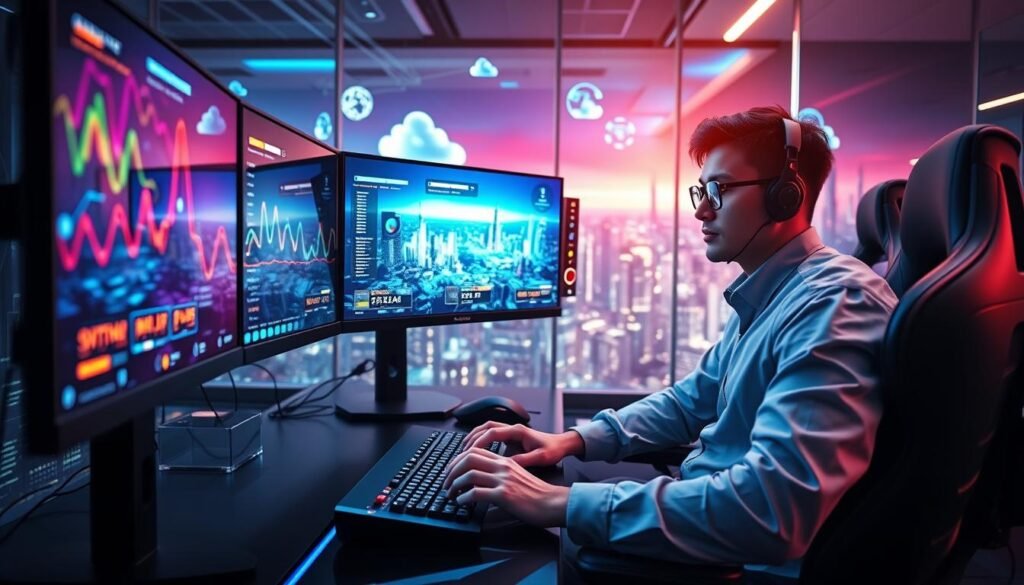 A high-tech gaming environment showcasing a professional gamer, dressed in smart casual attire, sitting at a sleek workstation surrounded by multiple monitors displaying vibrant graphics of cloud gaming. In the foreground, the gamer is focused, with fingers poised over a modern gaming keyboard. The middle layer includes glowing network connections and visual representations of latency metrics, illustrated through colorful graphs and waveforms. The background features a futuristic cityscape with digital clouds and data streams, underscoring the concept of cloud gaming. The lighting is bright and dynamic, emphasizing a tech-savvy atmosphere, with reflections on glass surfaces enhancing depth. The overall mood conveys innovation and problem-solving, perfect for addressing the issue of high latency.