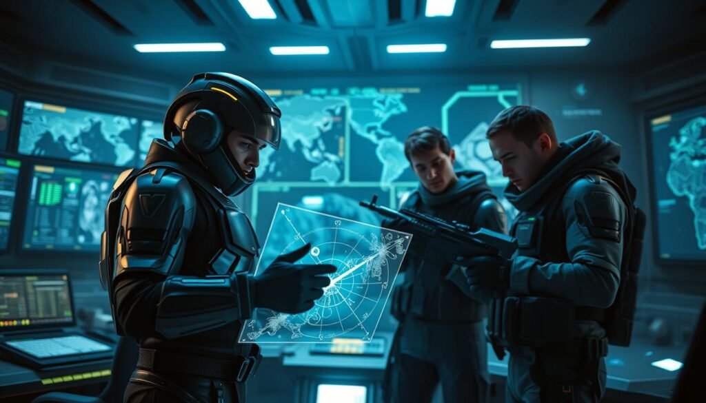 A strategic team of four diverse Helldivers in a high-tech Military Operations Center, capturing the essence of friendly fire exploit tactics. In the foreground, one soldier wearing sleek futuristic armor is engaging with a holographic display, showcasing enemy positioning and friendly fire mechanics. In the middle, another soldier prepares weaponry, examining their gear with a focused determination. The background features a sleek, dimly lit environment filled with digital screens and tactical maps, illuminated by neon blue and green lighting, creating an intense atmosphere of anticipation. The camera angle is slightly elevated, providing a dramatic view of the team’s camaraderie and strategic planning. The mood is intense, highlighting teamwork and tactical ingenuity within a sci-fi military context.