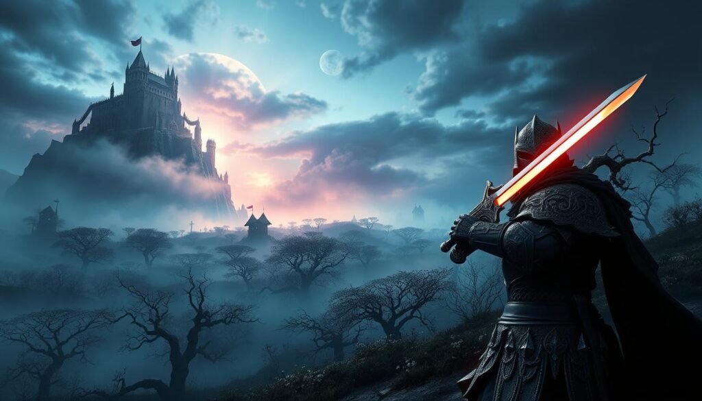 A surreal landscape inspired by the upcoming game "Elden Ring Nightreign," featuring a dark and mystical realm. In the foreground, a fearsome knight in ornate armor wields a glowing sword, ready for battle, with intricate details on the armor. The middle ground showcases a vast field of shadowy, twisted trees, illuminated by an eerie, ethereal light filtering through the mist. In the background, a magnificent castle looms atop a jagged cliff, shrouded in swirling fog and hints of otherworldly creatures. The scene is set at dusk, with deep blues and purples dominating the color palette, creating a moody and atmospheric feel, suggesting a world full of adventure and intrigue. The composition should emphasize depth, with a cinematic angle that captures both the knight's intensity and the grandeur of the landscape.
