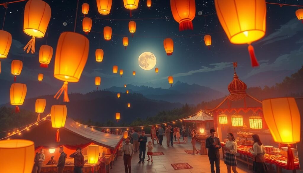 A vibrant festival scene showcasing the Lantern Rite celebration in a serene, magical landscape of Teyvat. In the foreground, delicate, glowing lanterns of various shapes and colors are gently floating upwards, illuminating the night sky. The middle ground features traditional festival stalls adorned with rich fabric and decorations, bustling with characters in modest casual clothing, joyfully interacting and sharing food. The background reveals a picturesque view of rolling hills and lush forests, with a starry sky and a full moon casting a soft glow over the scene. The atmosphere is festive and enchanting, conveying a sense of community and cultural richness, enhanced by warm ambient lighting. The image is captured with a slight tilt-angle, evoking a dynamic and immersive perspective. A vibrant festival scene showcasing the Lantern Rite celebration in a serene, magical landscape of Teyvat. In the foreground, delicate, glowing lanterns of various shapes and colors are gently floating upwards, illuminating the night sky. The middle ground features traditional festival stalls adorned with rich fabric and decorations, bustling with characters in modest casual clothing, joyfully interacting and sharing food. The background reveals a picturesque view of rolling hills and lush forests, with a starry sky and a full moon casting a soft glow over the scene. The atmosphere is festive and enchanting, conveying a sense of community and cultural richness, enhanced by warm ambient lighting. The image is captured with a slight tilt-angle, evoking a dynamic and immersive perspective.