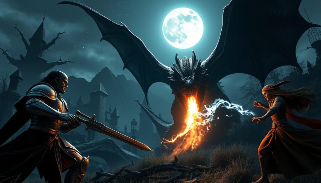 In a dark, mystical landscape reminiscent of Elden Ring, two characters engage in co-op gameplay, showcasing a fantastical battle against a menacing dragon. The foreground features a knight in gleaming armor wielding a sword, and a mage in flowing robes casting a spell, their expressions focused and determined. The middle ground shows the dragon with intricate scales glimmering under a full moon, its fiery breath illuminating the scene. The background is filled with towering, gnarled trees and ruined castles silhouetted against a starry sky, creating an atmosphere of epic adventure and suspense. Soft, glowing light illuminates the characters, enhancing the intensity of the battle while shadows loom, adding a sense of danger and excitement. The angle is slightly tilted, emphasizing the action and urgency of the gameplay.