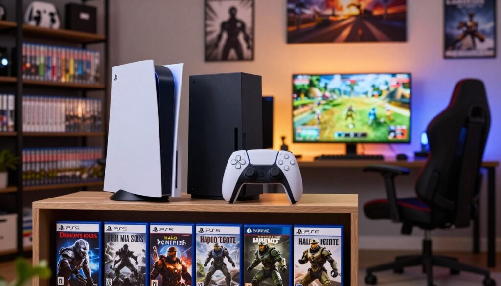 A cozy gaming room featuring a sleek PlayStation 5 and an Xbox Series X side by side on a modern gaming shelf, surrounded by an impressive library of exclusive game titles. In the foreground, display organized game cases showcasing popular exclusive titles like "Demon's Souls" and "Halo Infinite." The middle-ground should show a stylish gaming setup with a comfortable chair and an illuminated screen displaying crisp graphics from a side-by-side gameplay comparison. The background can include soft, ambient lighting that casts a warm glow, with subtle decorations like gaming posters and figurines that highlight each console's unique identity. Create a focused atmosphere filled with excitement and anticipation for gaming enthusiasts.