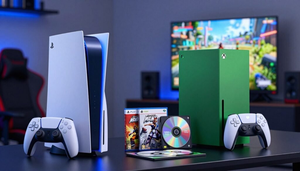 A sleek modern gaming console setup featuring a PS5 and an Xbox Series X prominently displayed side by side. In the foreground, the consoles are shown from an angle that highlights their unique designs, with vibrant lighting accentuating their sleek forms. The PS5 glows with a soft blue light, while the Xbox Series X is illuminated in green. The middle ground includes a small selection of game titles, with contrasting disc cases and digital display options visually representing the disc vs digital choice. In the background, a contemporary gaming room setting is softly lit, with a large flat-screen TV showing a vivid gaming scene, enhancing the atmosphere of competition and excitement. The entire scene exudes a high-tech, inviting mood, perfect for gamers considering their next console purchase.