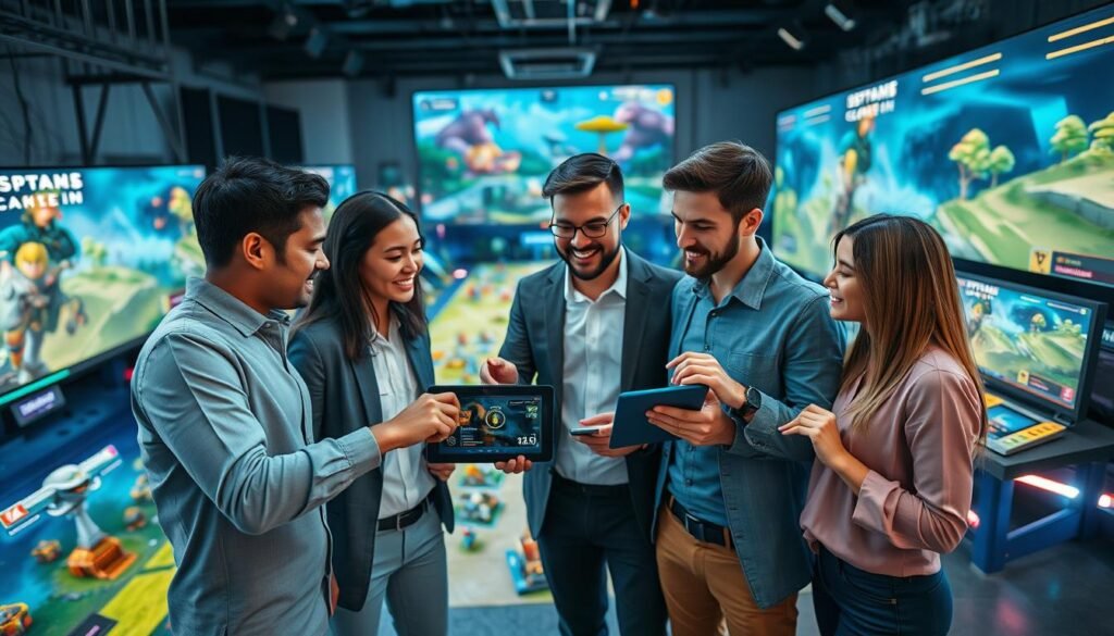 A strategic overview of efficient resource gathering in gaming. The foreground shows a diverse group of four gamers, enthusiastically discussing strategies while pointing at a digital tablet displaying game statistics. They are dressed in smart casual attire. In the middle ground, a lively gaming environment is depicted, featuring iconic gaming elements like resource nodes, treasure chests, and digital maps. The background showcases a modern gaming setup with vibrant LED lights and large screens displaying various game scenarios, creating an immersive atmosphere. The lighting is dynamic, highlighting the intensity of their discussion, while the angle captures an engaging perspective from slightly above, emphasizing teamwork and strategy. The overall mood is energetic and focused, ideal for conveying the concept of fast farming strategies in gaming.