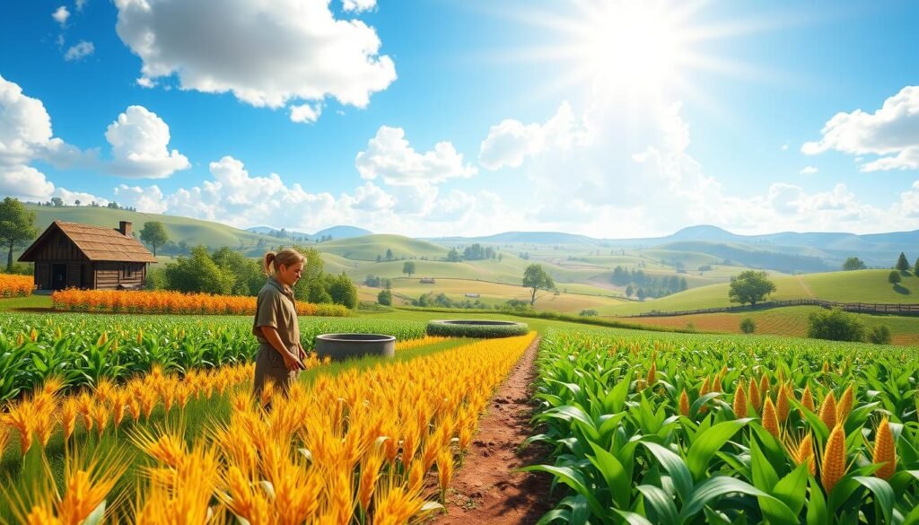 A vibrant and detailed game landscape depicting an ideal farming area. In the foreground, colorful crops are thriving, including vibrant green fields of wheat and rows of golden maize, with a character in modest casual clothing carefully tending to the plants, looking thoughtful and focused. The middle ground features a small wooden barn and a water trough surrounded by lush greenery, enhancing the farming atmosphere. In the background, rolling hills under a bright blue sky with fluffy white clouds stretch into the distance, suggesting a sense of abundance and tranquility. The lighting is warm and inviting, suggesting a sunny day, with soft shadows adding depth. The overall mood is optimistic, conveying the potential of effective resource gathering in the game.